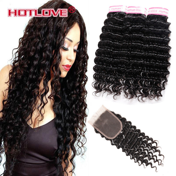 Deep Wave Malaysian Human Hair Weaves 100% Unprocessed Human Hair Extensions 3 Bundles with Lace Closure Hair Weave Bundles Wholesale price