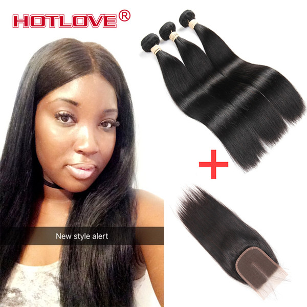 Hotlove Hair Indian Virgin Human Straight Weave 3 Bundles with Lace Closure 3 Part Wavy Available Natural Black Raw India Hair