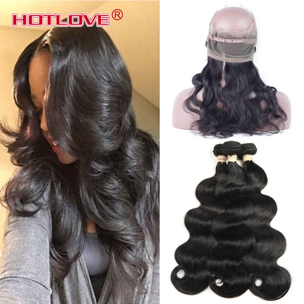 HOTLOVE India 2Pcs /3Pcs Body Wave Hair Weft with 360 Lace Frontal Closure Indian Virgin Unprocessed Human Hair Bundle with 360 Closure