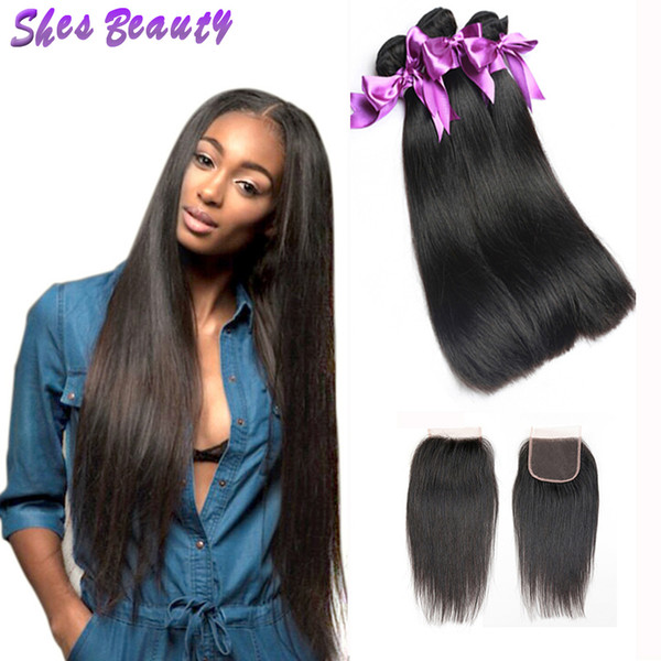 Good Quality Straight Hair 3 Bundles With Closure 100% Unprocessed Indian Human Hair Virgin Hair Extension Natural Color 4*4 Closure