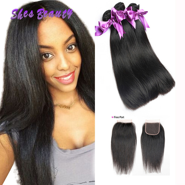 Cheap 8A Peruvian Virgin Hair Straight With 4*4 Lace Closure Human Hair Extensions Weave Bundles Wefts 3 Bundles With Closure Good Quality