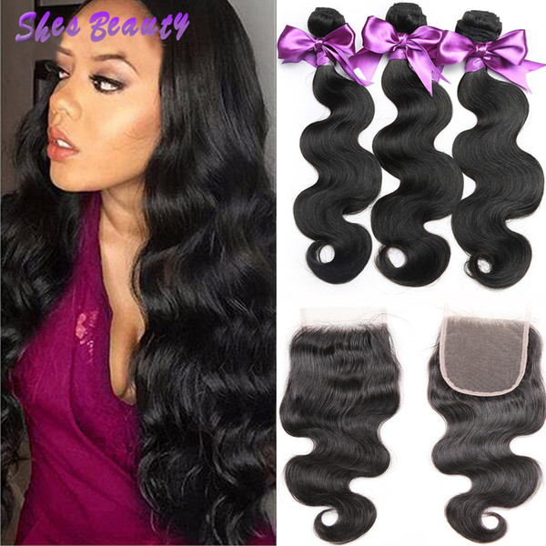 Shesbeauty 8A Brazilian Virgin Hair 3 Bundles with Closure Brazilian Body Wave Hair with 4x4 Lace Closure Unprocessed Brazilian Human Hair