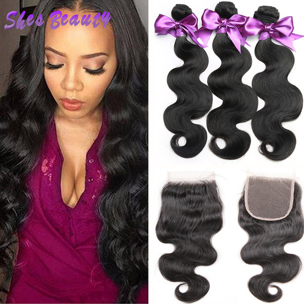 Shesbeauty 8A Indian Virgin Human Hair Body Wave 3 Bundles With Closure 100% Human Hair Unprocessed Indian Body Wave with 4x4 Lace Closure