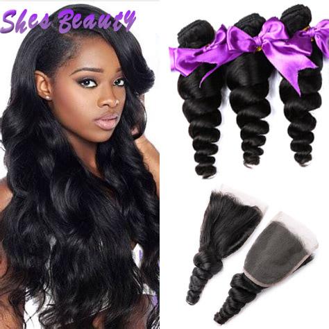 Shebeauty Wholesale Peruvian Hair 3 Bundles With Closure 100% Virgin Human Hair Extensions Loose Wave With 4*4 Lace Closure