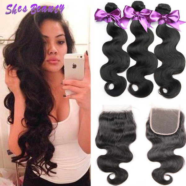 Shesbeauty Brazilian Virgin Hair 8A Body Wave 3 Bundles 100% Brazilian Human Hair Unprocessed Body Wave Hair with 4x4 Lace Closure