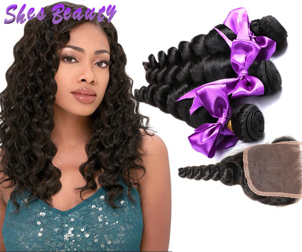 Shesbeauty Brazilian Virgin Hair With Closure 3 Bundles Brazilian Loose Wave Hair With 4*4 Lace Closure 8A Unprocessed Human Hair Extensions