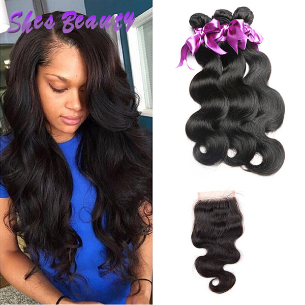 Shesbeauty Brazilian Body Wave Virgin Human Hair With 4x4 Lace Closure 100% Unprocessed Brazilian Virgin Hair Weave 3 Bundles Natural Color