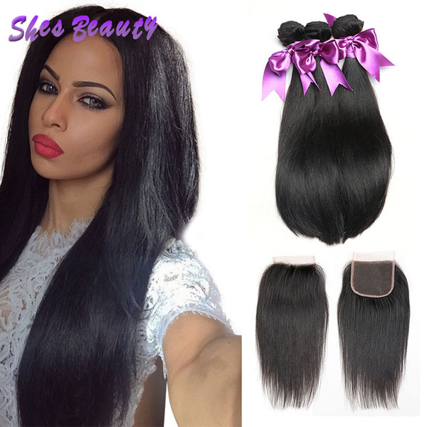 Shesbeauty Raw Indian Hair Bundles Straight With Lace Closure 8A Wholesale Virgin Hair 3 Bundles With Closure 100% Human Hair Extensions