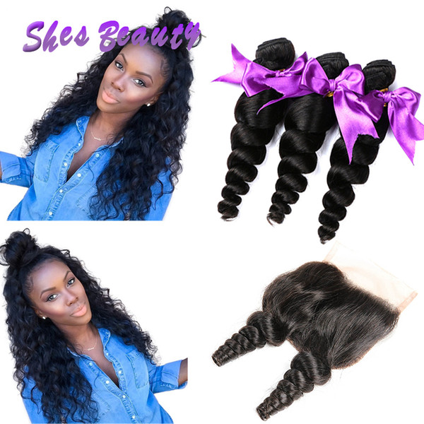 Shesbeauty Brazilian Loose Wave Hair With Closure Unprocessed Brazilian Human Hair 3 Bundles Loose Wave With 4x4 Lace Closure Natural Color