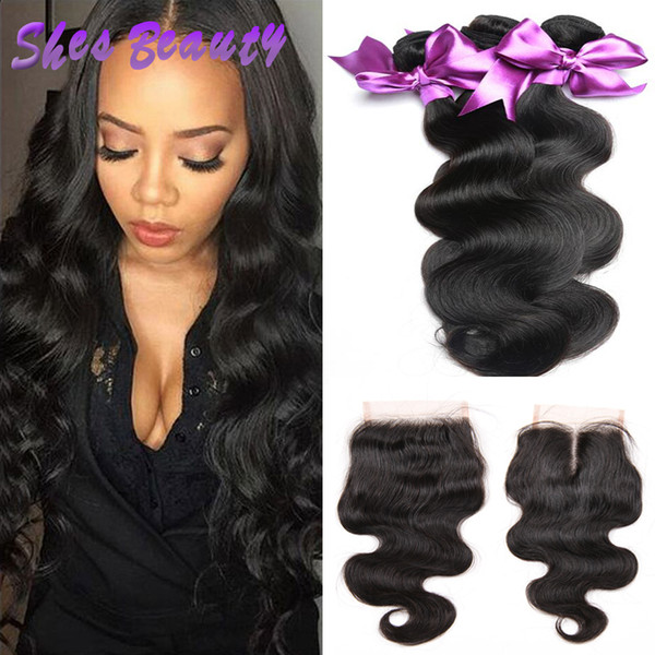 Shesbeauty Brazilian Hair Bundles With Closure 100% Brazilian Virgin Human Hair Extensions 3 Bundles Body Wave Hair Weave Natural Color