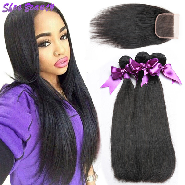 Shesbeauty Nature Black Indian Hair Bundles With Closure Straight Hair Bundles With 4*4 Lace Closure 100% Human Hair 3 Bundles With Closure