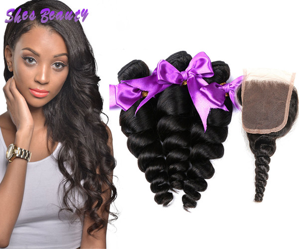 Shesbeauty Hot Sale Indian Loose Wave Hair 3 Bundles With 4*4 Lace Closure 100% Indian Human Hair 8A Loose Wave Virgin Hair Bundles