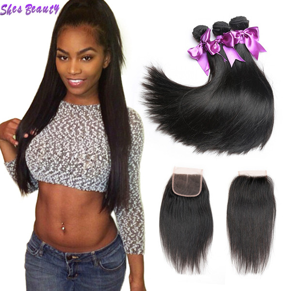 Shesbeauty Straight Human Hair 8A Unprocessed Malaysian Straight Virgin Hair 3 bundles With 4*4 Lace Closure Bundles deals Nature Black