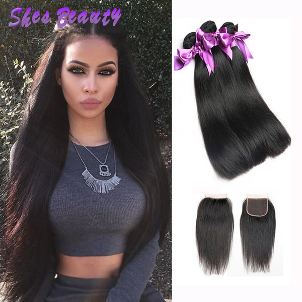 Shesbeauty Brazilian Straight Hair With Closure 100% Brazilian Virgin Human Hair Weave 3 Bundles Straight Weave Extensions Natural Color