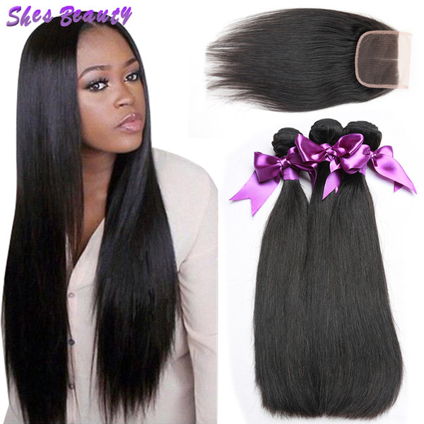 Shesbeauty Indian Straight Hair 100% Indian Human Hair 3 Bundles With Closure 8A Unprocessed Indian Virgin Hair Straight Weave Natural Color