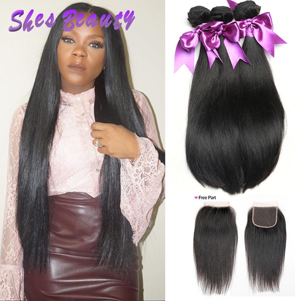 Shesbeauty Peruvian Straight Virgin Hair With Closure 8A Unprocessed Peruvian Human Hair Bundles Closure 3 Bundles With 4X4 Lace Closure