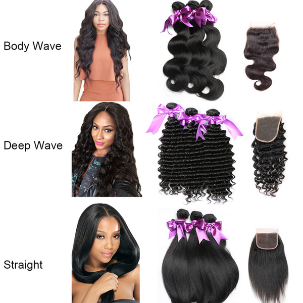 Grade 8A Indian Straight Human Hair Weave Extensions 3 Bundles With Closure Deep Wave Body Wave Unprocessed Virgin Hair Good Quality