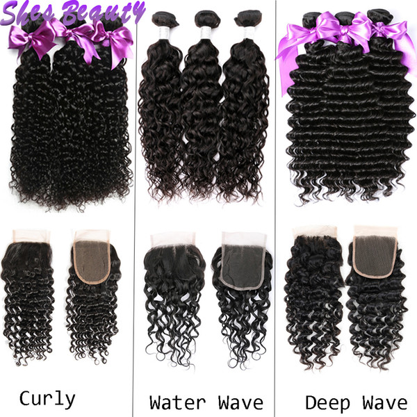 Shesbeauty Brazilian Human Hair Bundles With Closure Curly Water Wave Deep Wave Hair 100% Unprocessed Virgin Hair Natural Black Color