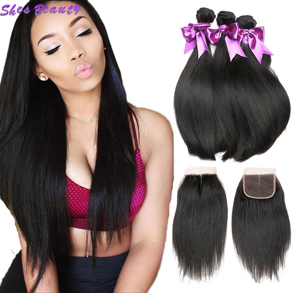 Shesbeauty Peruvian Straight Hair Weaves Extensions 3 Bundles with 4*4 lace Closure Free/Middle/Three Part Dyeable Bleachable 100g/pc