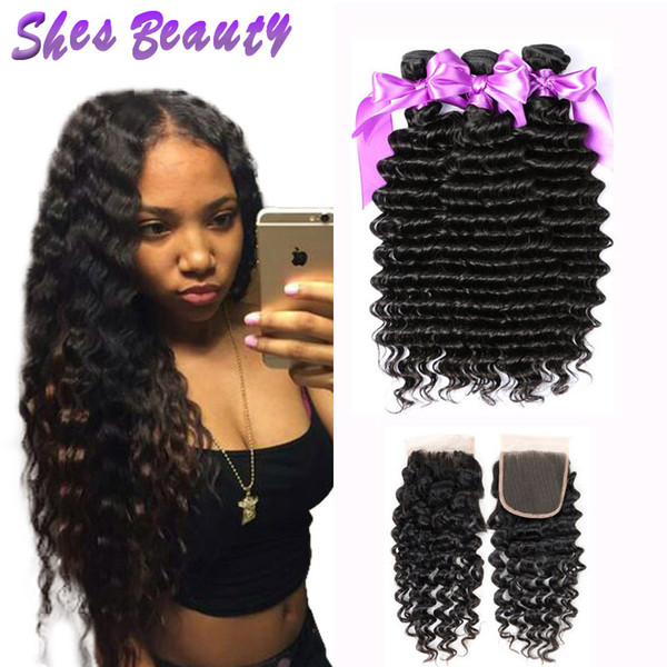 Good Quality Peruvian Deep Wave 3 Bundles with Closure 100% Unprocessed Peruvian Virgin Hair Bundles with 4*4 Lace Closure Natural Color