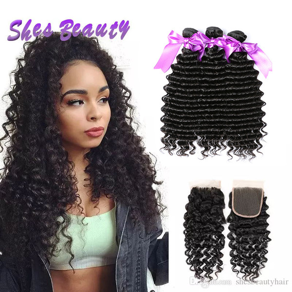 Shesbeauty 3 Bundles Deep Wave Hair With Lace Closure 8A Unprocessed Malaysian Deep Wave Wholesale Malaysian Virgin Human Hair Natural Color