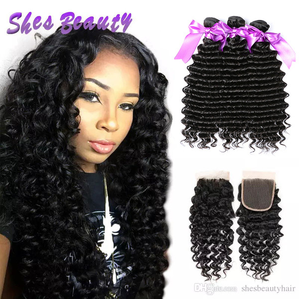 Shesbeauty Brazilian Virgin Hair 3 Bundles With Closure 100% Real Brazilian Deep Wave Hair Good Quality 8A Brazilian Human Hair Extensions