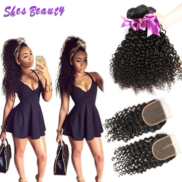 Shesbeauty Peruvian Curly Weave Human Hair Bundles With 4*4 Lace Closure 3 Bundles Peruvian Curly Hair 8A Unprocessed Human Hair Extensions