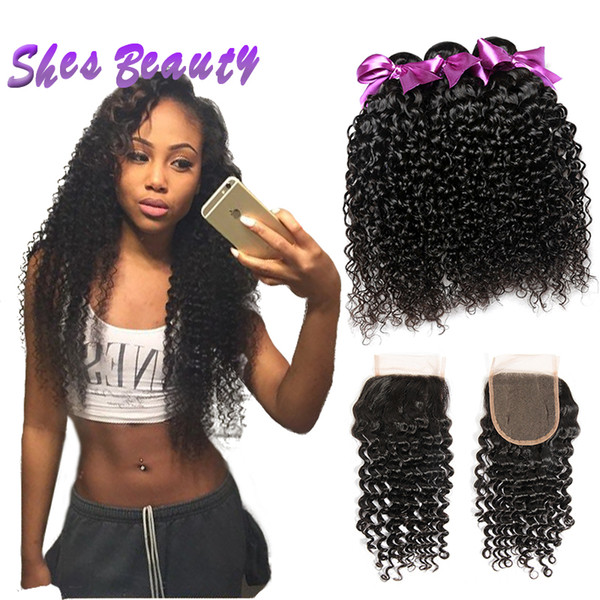 Shesbeauty Curly Hair With Closure Unprocessed Brazilian Virgin Human Hair Weave 3 Bundles With Closure Cheap Brazilian Curly Weave Bundles