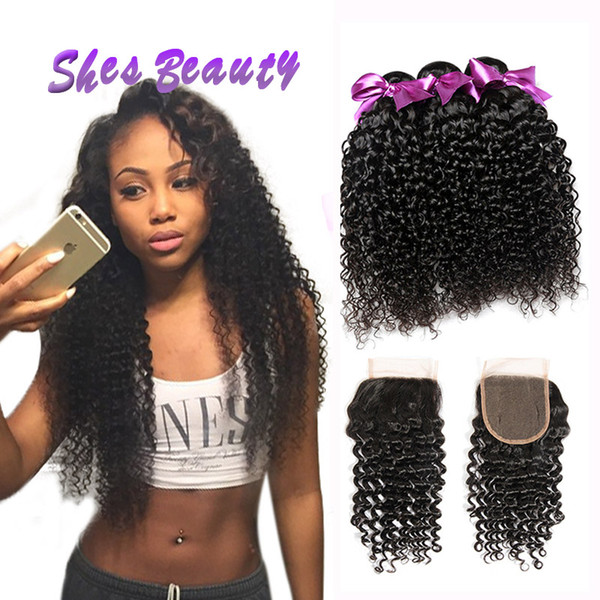 Good Quality Unprocessed Malaysian Curly Hair With Closure Grade 8A Malaysian Virgin Human Hair 3 Bundles With Closure 4*4 Lace Closure