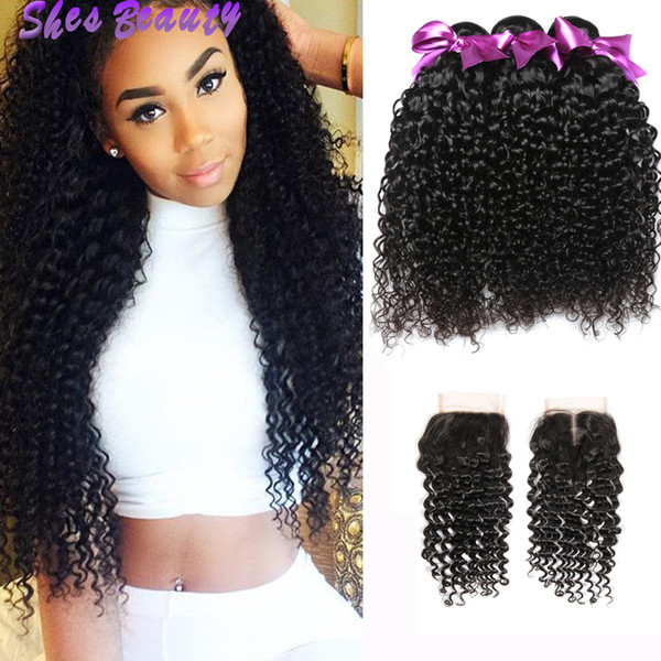 Peruvian Curly Virgin Human Hair Bundles With 4x4 Lace Closure Cheap Natural Color Peruvian Virgin Human Hair 3 Bundles With Closure