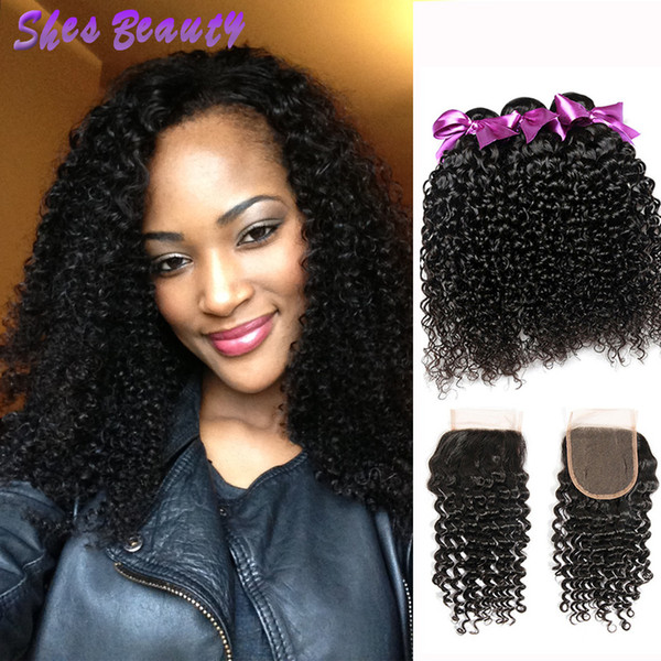 8A Brazilian Curly Hair 100% Unprocessed Human Hair Extensions Weave Bundles 3 Bundles With Closure Natural Black Color Human Hair