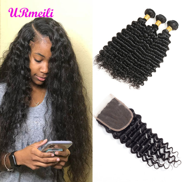 brazilian deep wave bundles with closure Pre Plucked Natural Color brazilian deep wave curly virgin human hair with closures remy human hair