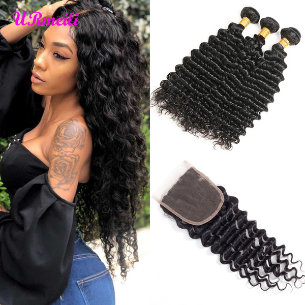 Brazilian Deep Wave 3/4 Bundles With Closure 100% Human Hair Bundles With Closure Brazilian Virgin Hair Weave Bundles Unprocessed Remy Hair