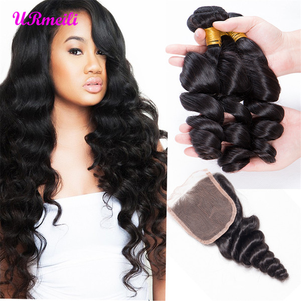 Brazilian Hair loose deep wave 3/4 bundles with closure brazilian virgin hair bundles with closures Loose Wave 30 inch Bundles With Closure