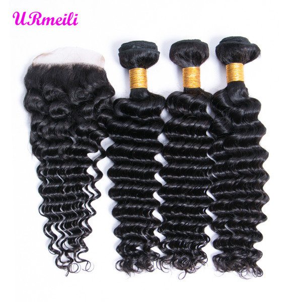 Peruvian deep wave curly virgin human hair 3/4 Bundles With Closure DHgate Remy Human Hair Weave 30 inch Bundles With Lace Closure