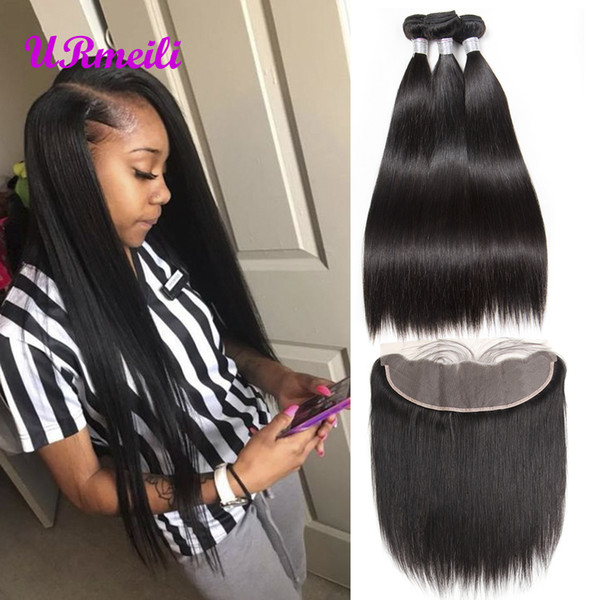 10A Peruvian Straight Virgin Hair 3/4 Bundles With Frontal DHgate Remy Human Hair Bundles URmeili Nice Pre Plucked Lace Frontal With Bundles