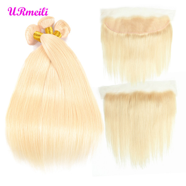 URmeili 613 Blonde Bundles With Frontal 13*4 Ear to Ear Remy Blonde 10A Brazilian Straight remy human hair 613 Blonde Bundles With Closure