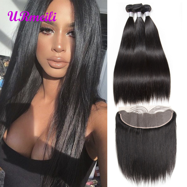 10A human hair bundles with frontal brazilian straight virgin hair bundles with closure 13x 4 Ear To Ear Lace Frontal Closure With Bundles