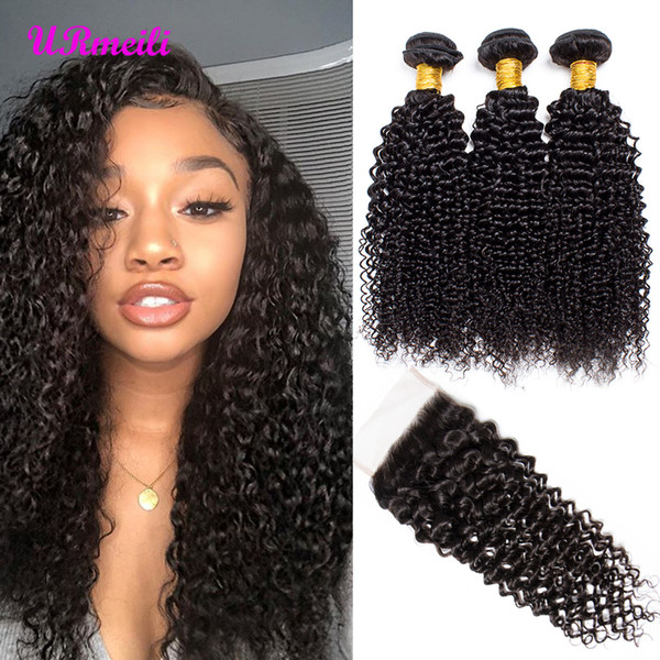 Kinky Curly Virgin Human Hair With Closure raw virgin indian hair 3 or 4 bundles with closure DHgate 10A grade remy human hair