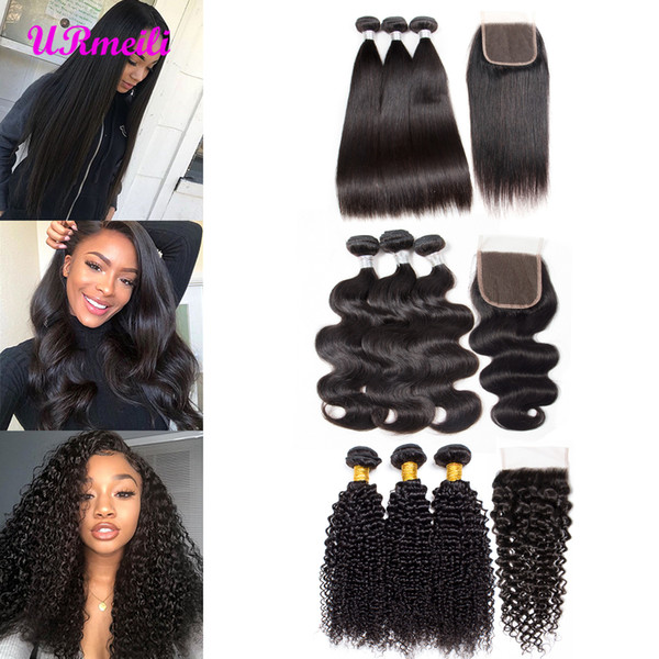 deep wave bundles with closure 10a grade raw virgin indian unprocessed body wave kinky curly loose wave straight hair bundles with closure