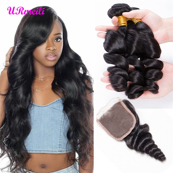 URmeili Loose Wave Bundles With Closure 3/4 Bundles With Lace Closure Loose Deep Peruvian human hair bundles with closure Remy Virgin Hair