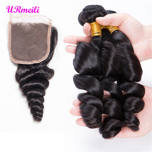 URmeili Loose Wave human hair bundles with closure Brazilian Virgin hair loose deep bundles with closure DHgate Remy Unprocessed Human Hair