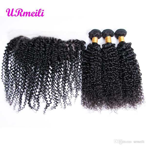 Mongolian Kinky Curly Virgin Hair Bundles With Lace Frontal Closure 100% Unprocessed Remy Human Hair 3/4 curly Bundles With frontal Closure