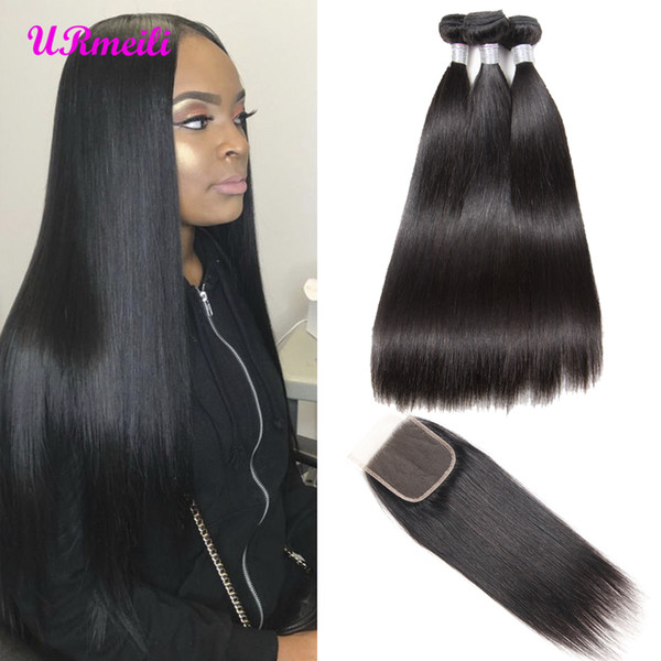 Brazilian Straight Virgin Hair bundles with closures 100% Unprocessed straight Human Hair 3/4 Bundles With Lace Closure brazilian remy hair