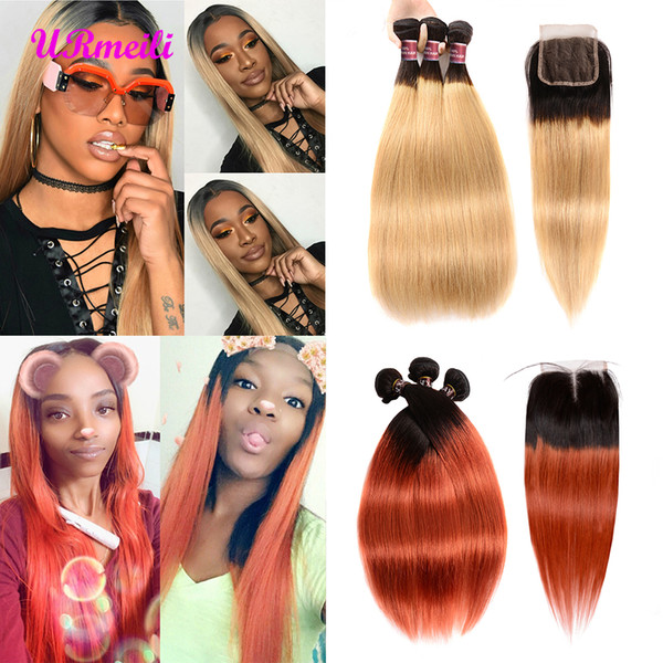 ombre human hair 3 bundles with closure brazilian straight remy virgin hair bundles with closures T1B/27 T1B/Pink T1B/Blue T1B/350