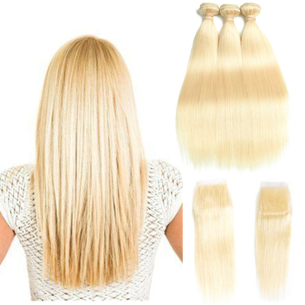 Top Selling #613 Blond Human Hair Bundle Lace Closure 8A Mink Brazilian Hair Bundles with Closure 3 Bundles Silk Straight Peruvian Hair