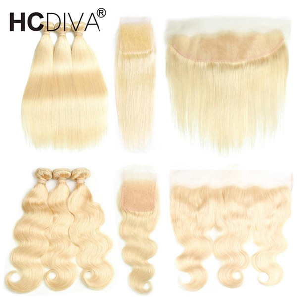 Top Selling #613 Blond Human Hair 3 Bundles with Lace Closure 8A Mink Brazilian Hair Straight Body Wave with Lace Frontal Cloaure