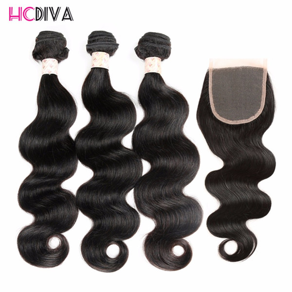 Raw Indian Human Hair Bundles With Closure 3 Bundles Indian Body Wave With Lace Closure Double Weft Human Hair Bundles With Closure HCDIVA