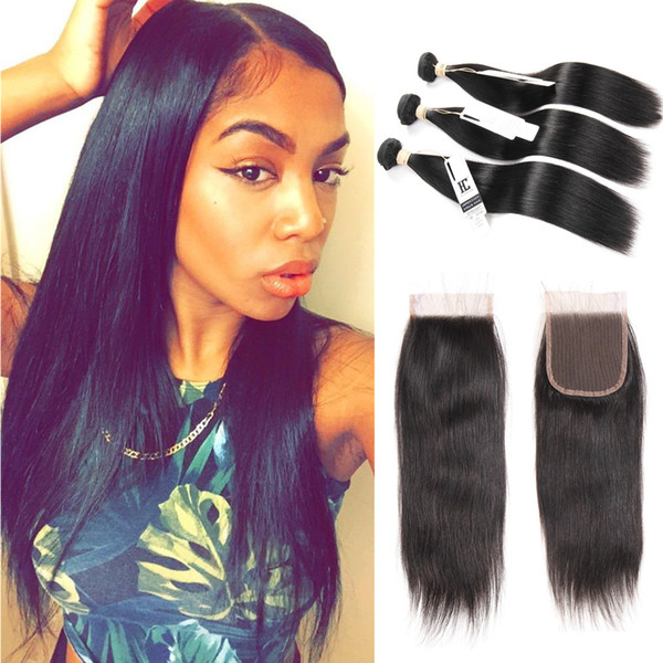 8A Grade Mink Brazilian Straight Hair Lace Closure Non Remy Weft Hair Weave 3 Bundles Human Hair Bundles With Closure Free Middle Three Part