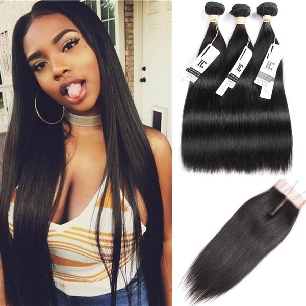 100% Human Hair Bundles With Closure 8A Indian Straight Hair Weave 3 Bundles with 4*4 Lace Closure Natural Black HCDIVA Hair Extensions
